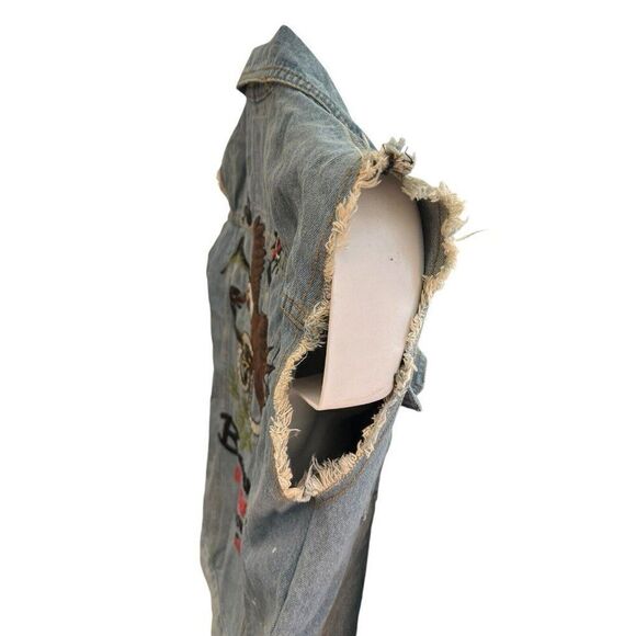 Mens M Trucker Denim Jean Jacket Cutoff Vest USA Snake Eagle Embroidered Patches - Picture 5 of 12